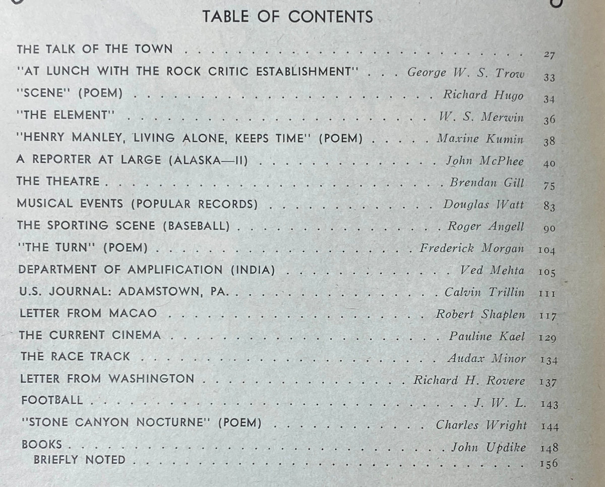Table of contents from The New Yorker Complete Magazine October 4, 1976, listing notable articles and poems including contributions from George W.S. Trow and John McPhee.