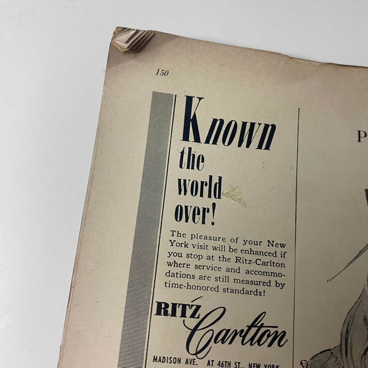 Vogue Magazine January 1952 Suzy Parker by Erwin Blumenfeld GD Interior - Advertisement for Ritz Carlton showcasing luxury accommodations. Page 150.