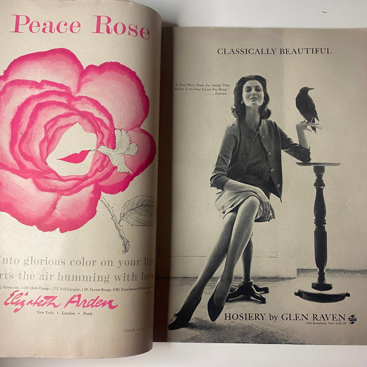 Advertisement page in the October 15, 1960 issue of Vogue Magazine featuring a model in a classy pose beside a table, promoting 'Peace Rose' lipstick by Lighter Anden and showcasing 1960s fashion aesthetics.