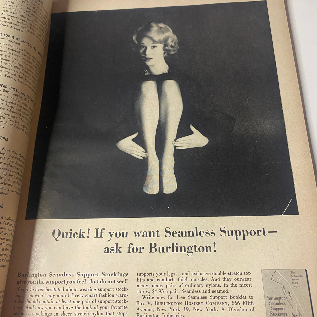 Vintage advertisement from Vogue Magazine October 15, 1960 featuring a model demonstrating Burlington Seamless Support Stockings with the tagline 'Quick! If you want Seamless Support - ask for Burlington!'