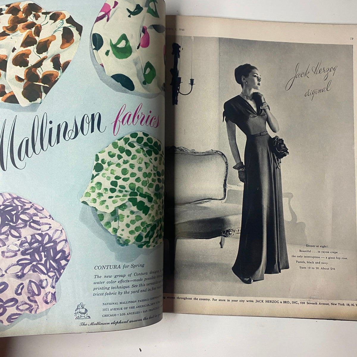 Advertisement for fabrics from Mallinson in Vogue Magazine April 1, 1948 Cover Photo by Horst P. Horst GD Interior, emphasizing spring fashion trends.