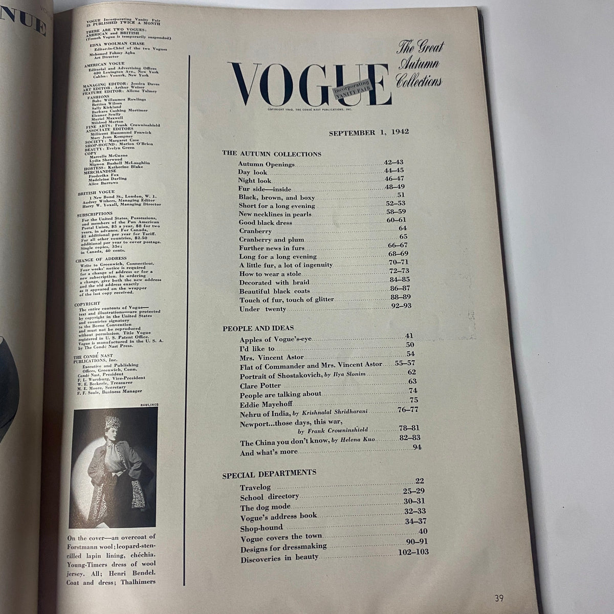 Table of contents page from Vogue Magazine September 1, 1942 featuring Meg Mundy, listing sections that include fashion collections and special departments.