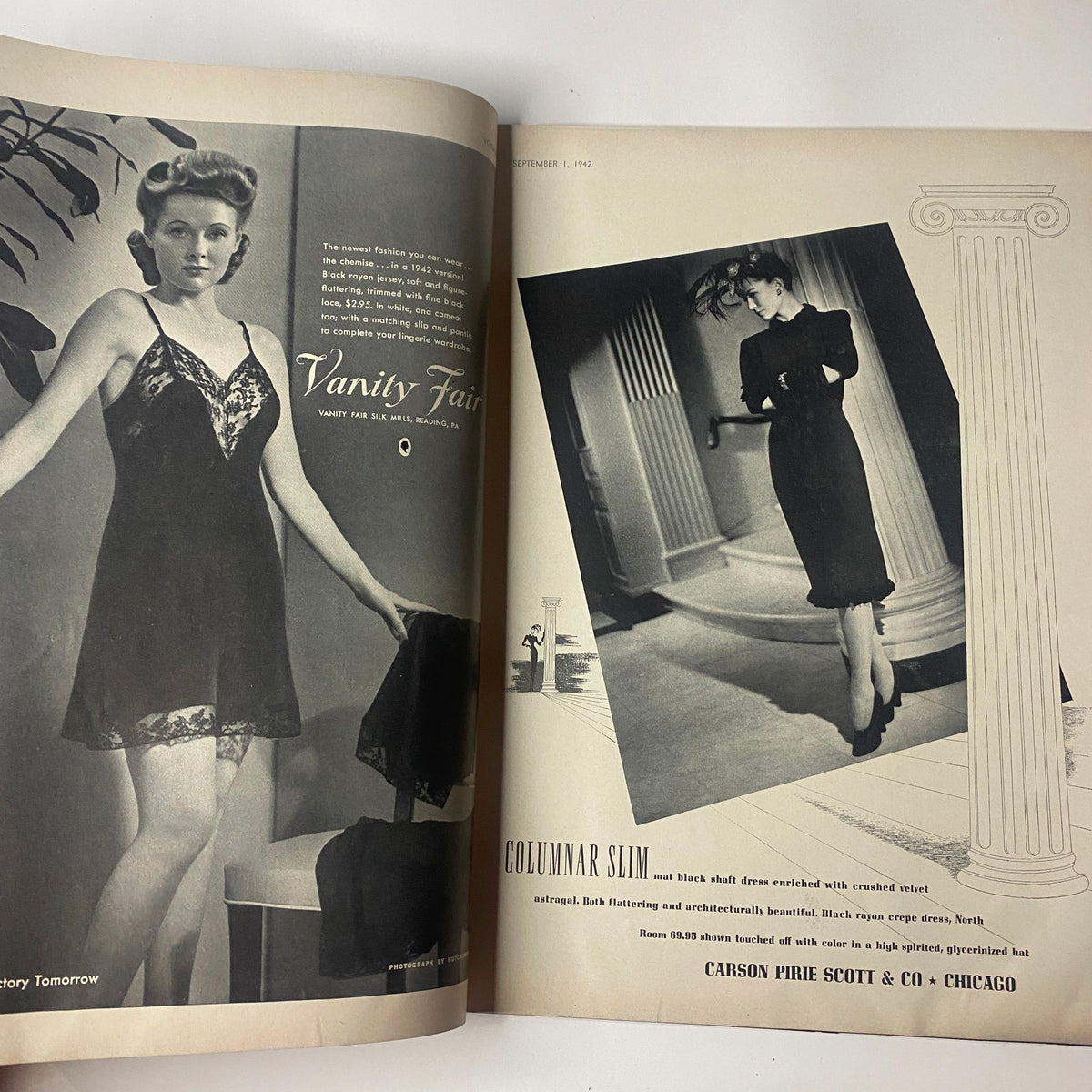 Vogue Magazine September 1, 1942 Meg Mundy by John Rawlings GD Interior - A fashion spread featuring a model in a vintage 'Vanity Fair' lace dress, highlighting elegant nightwear from Carson Pirie Scott & Co.
