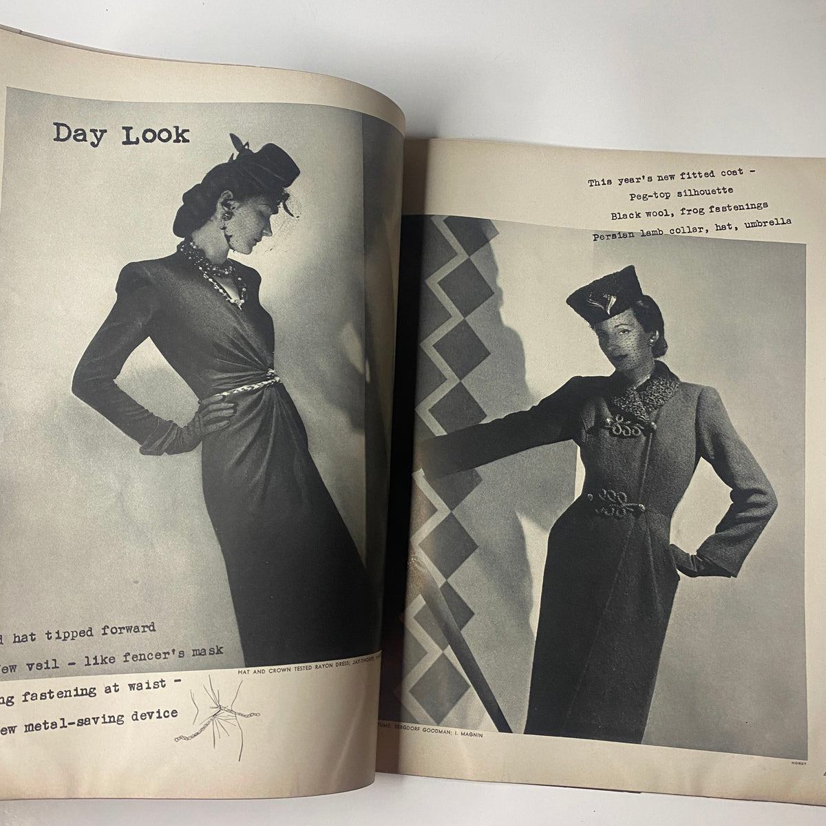 Vogue Magazine September 1, 1942 Meg Mundy by John Rawlings GD Interior - A stylish model wears a chic day outfit, showcasing a fitted coat and fashionable accessories in a refined black-and-white photograph.