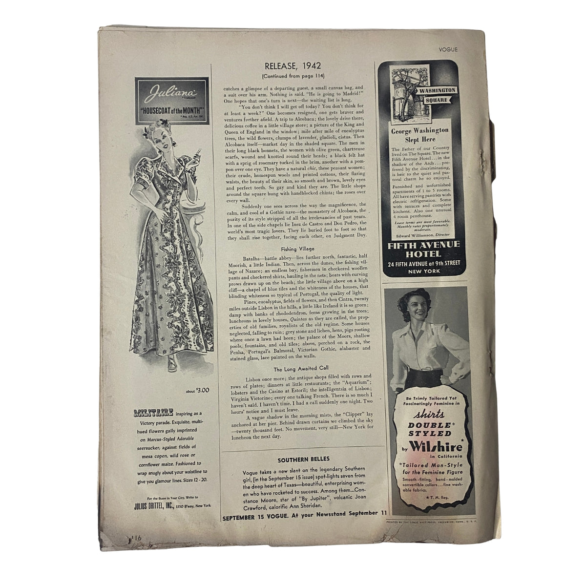 Vogue Magazine September 1, 1942 Meg Mundy by John Rawlings GD Interior - A visible page from the magazine featuring an advertisement for 'Julietto' gowns, representing the fashion trends of the early 1940s.