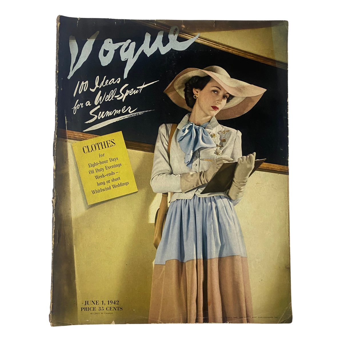 Vogue Magazine June 1, 1942 featuring Betty McLauchlen in a stylish outfit, showcasing 100 Ideas for a Well-Spent Summer. Cover displays bold text and elegant illustration.