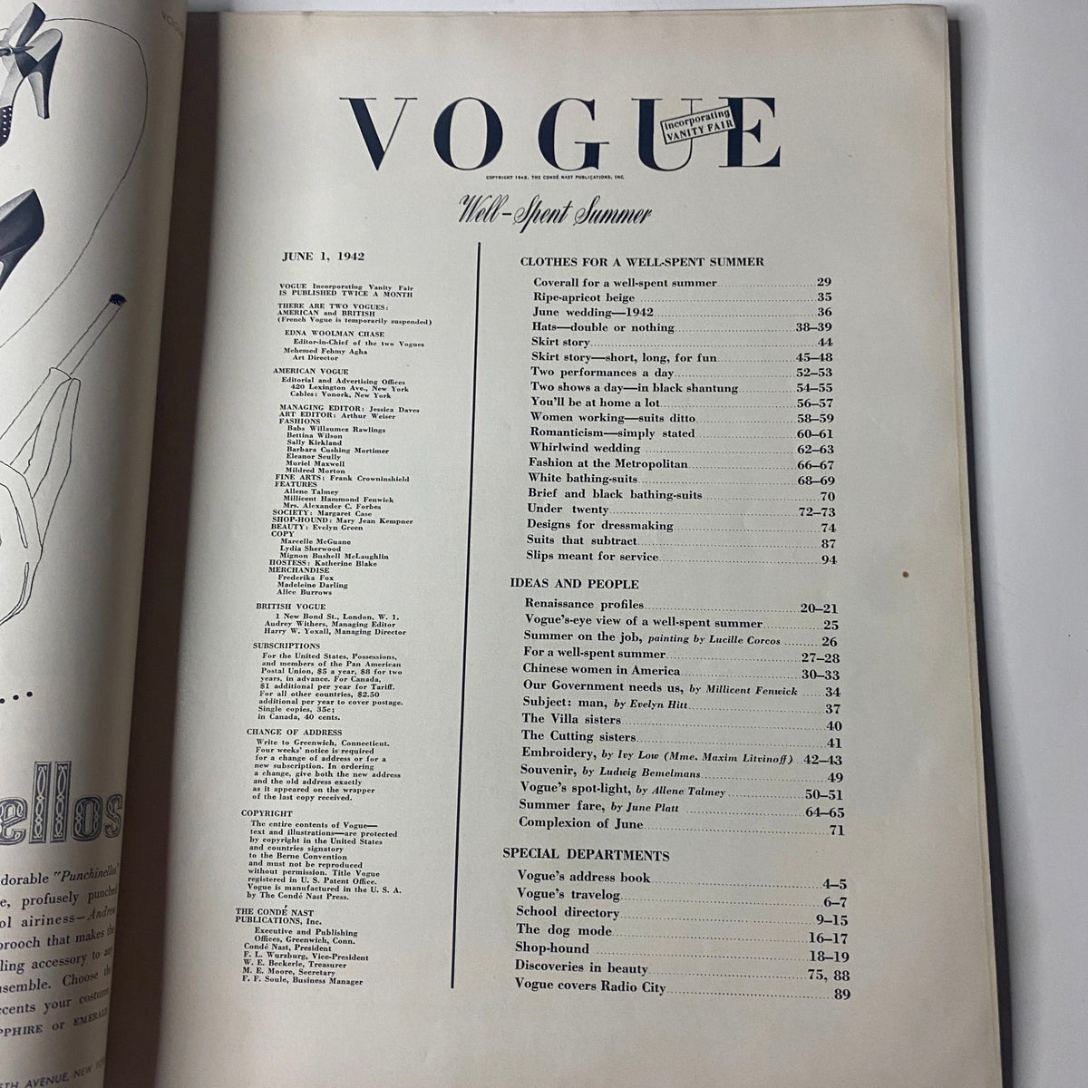 Interior page from Vogue Magazine June 1, 1942 displaying the table of contents, showcasing articles and fashion features including 100 Ideas for a Well-Spent Summer.