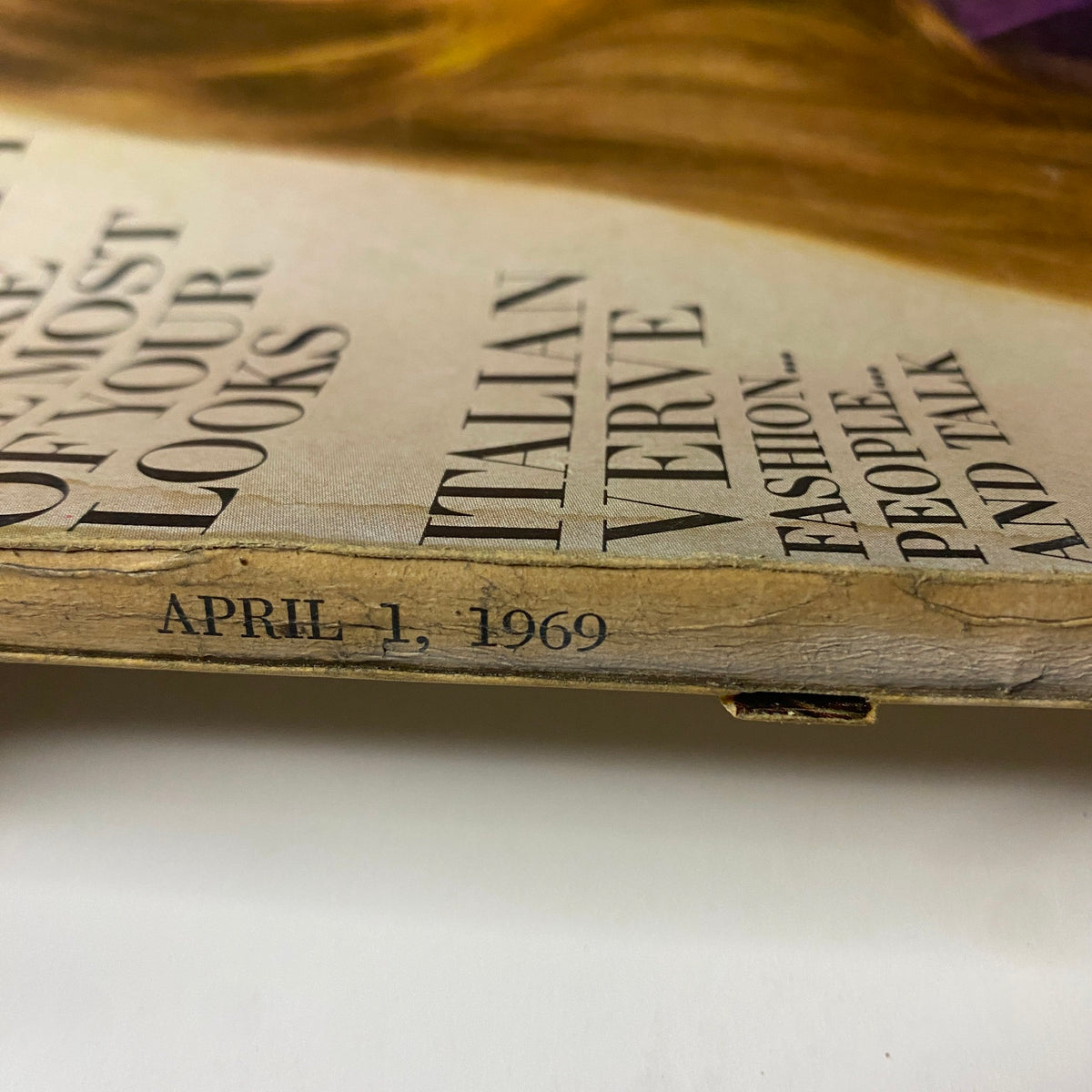 Vogue Magazine April 1, 1969 Suzy Kendall Cover by David Bailey, highlighting the date on the spine of the magazine indicating April 1, 1969.