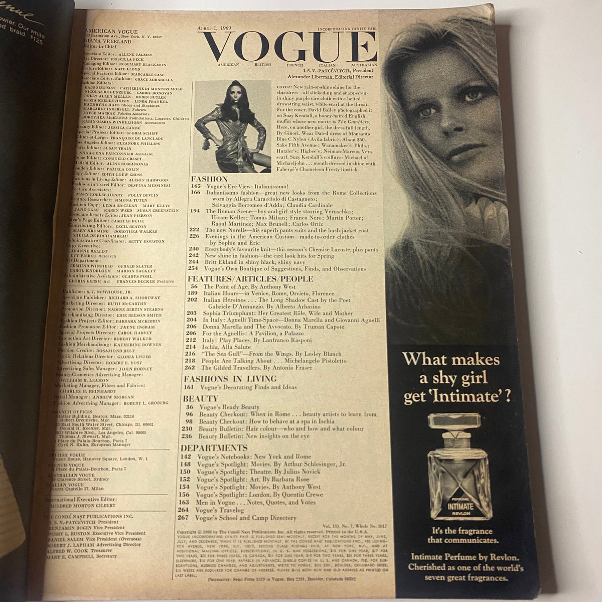 Vogue Magazine April 1, 1969 Suzy Kendall Cover by David Bailey, displaying the table of contents with articles and sections from the magazine.