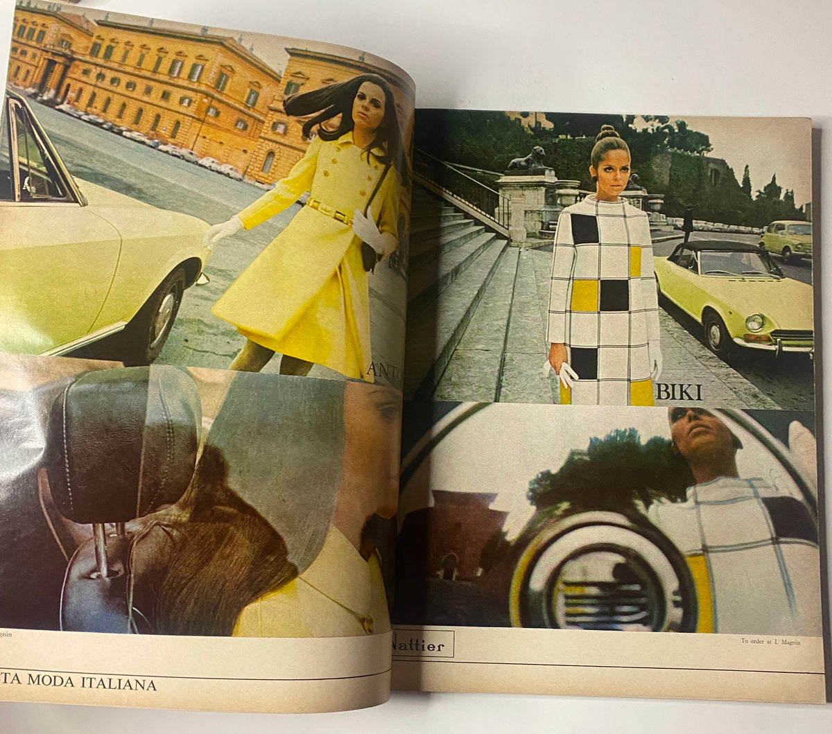 Vogue Magazine April 1, 1969 Suzy Kendall Cover by David Bailey featuring models in vibrant Italian fashion, showcasing colorful coats and stylish automobiles.