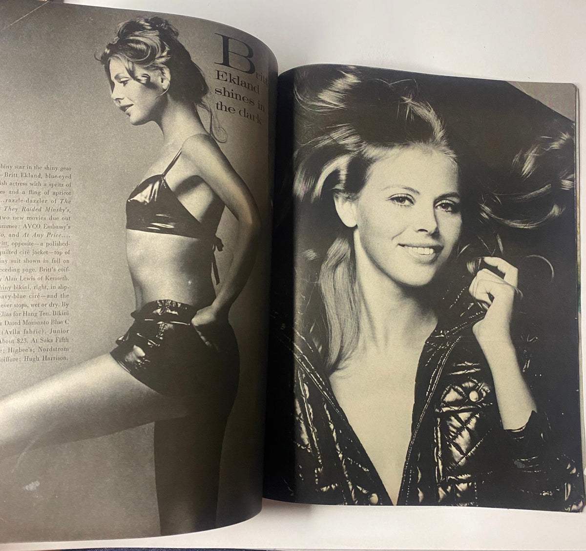 Vogue Magazine April 1, 1969 Suzy Kendall Cover by David Bailey featuring Britt Ekland in a fashionable photoshoot, emphasizing stylish swimwear and glamour.