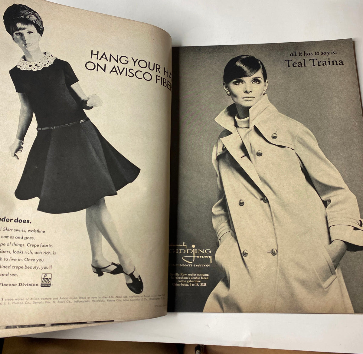 Fashion advertisement in Vogue Magazine January 1, 1966 showcasing a stylish dress and coat look modeled by Teal Traina, reflecting 1960s fashion trends.