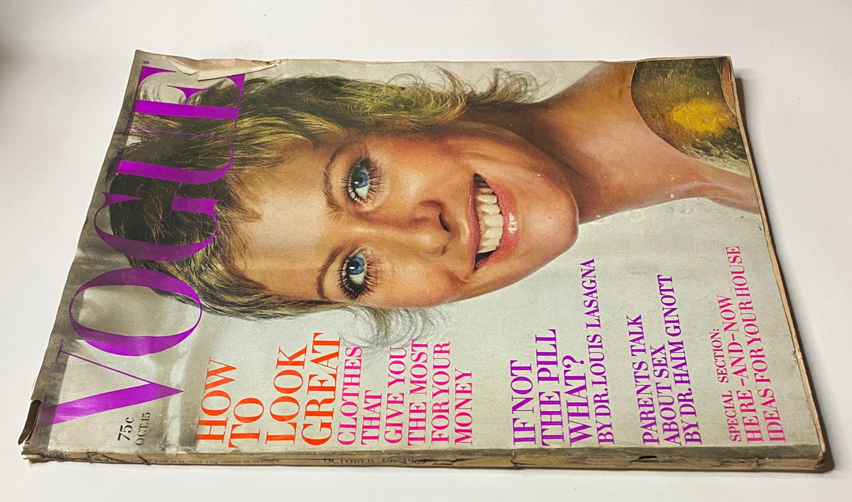 Close-up view of the cover of Vogue Magazine October 15, 1969, highlighting Susanne Schöneborn with a background of fashion advice and cultural dialogue.