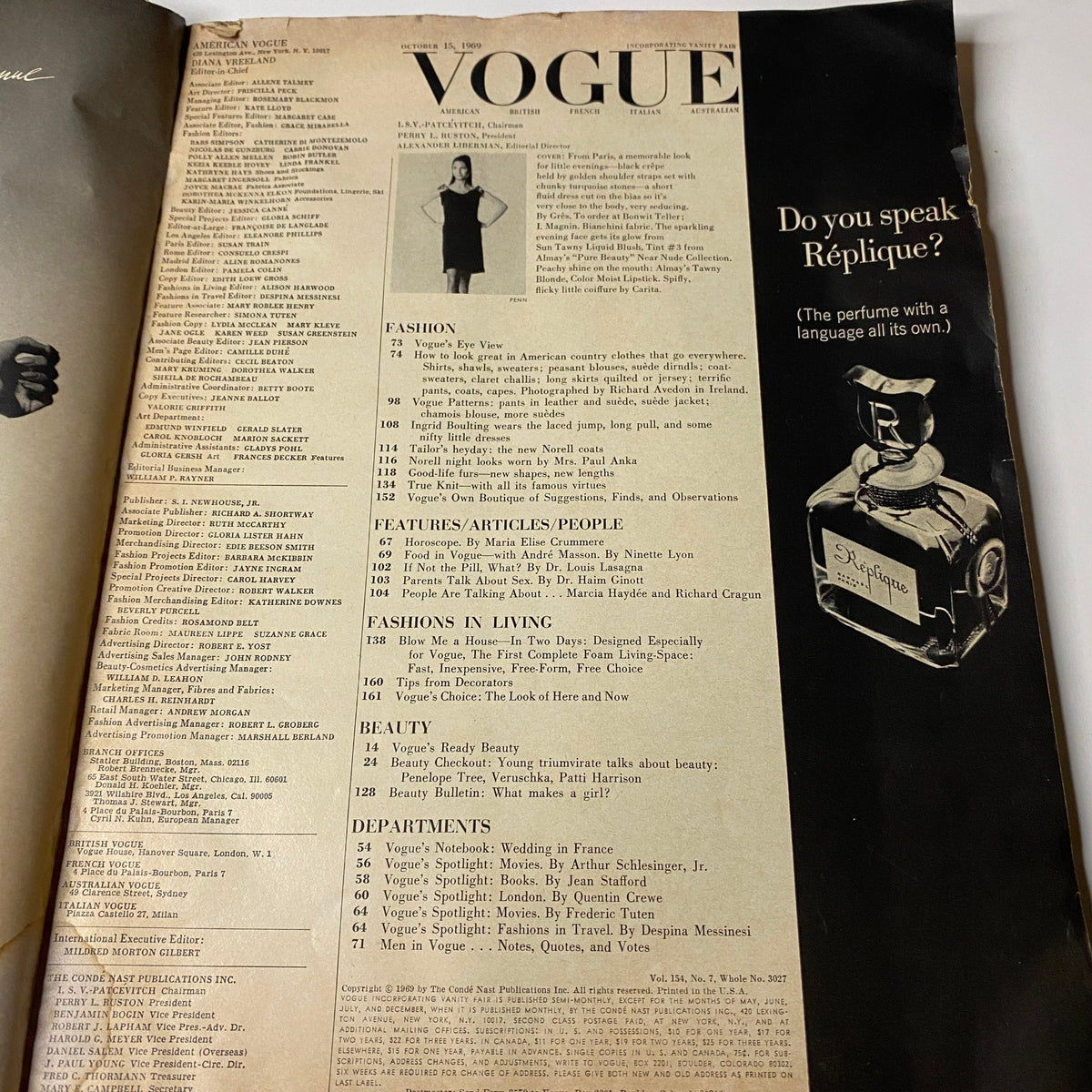Interior page of Vogue Magazine October 15, 1969, featuring the table of contents alongside vintage design elements and fashion-related articles.