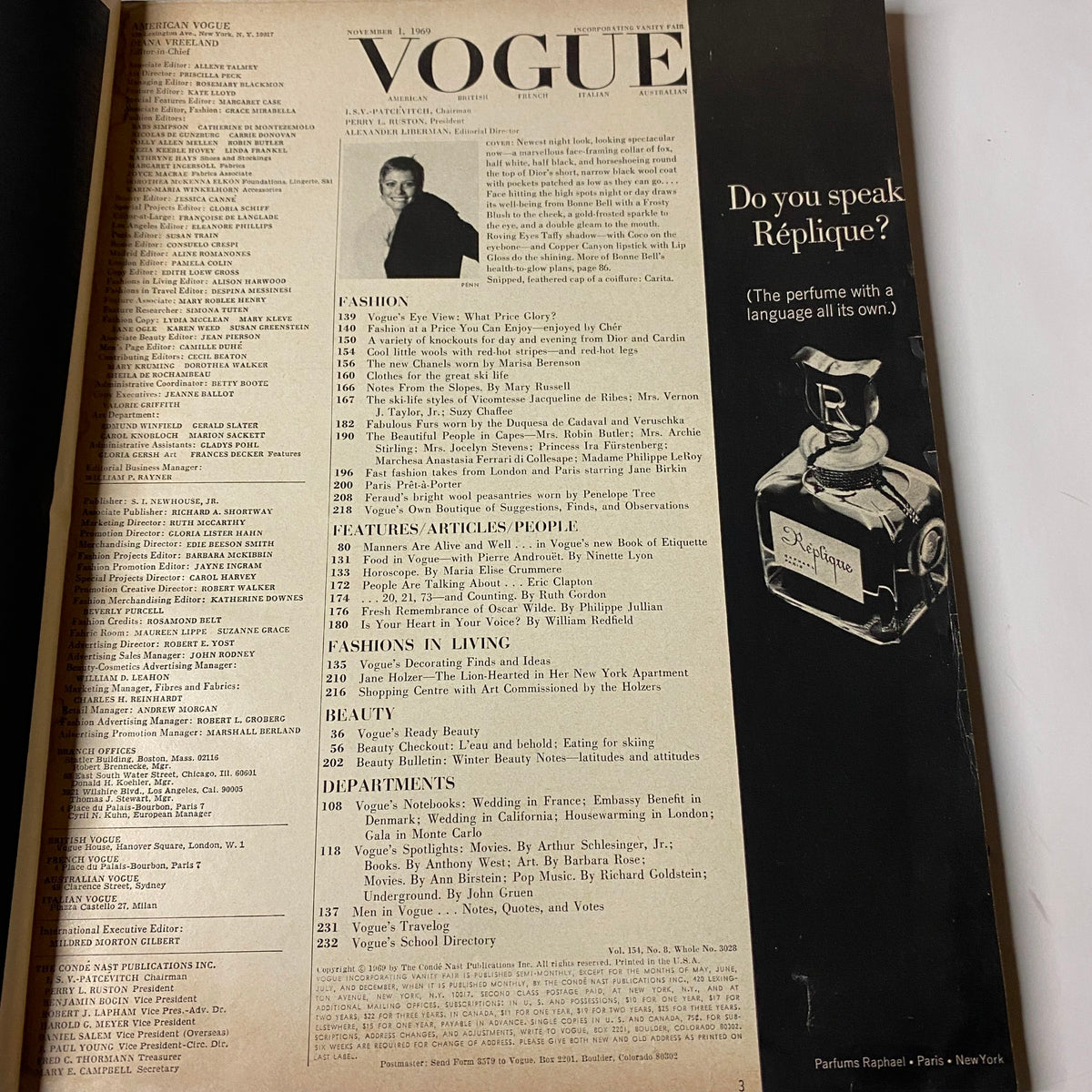Interior page of the November 1, 1969 Vogue Magazine, detailing the table of contents with features on fashion, beauty, and cultural commentary. Highlights the magazine's extensive coverage of the 1960s style.