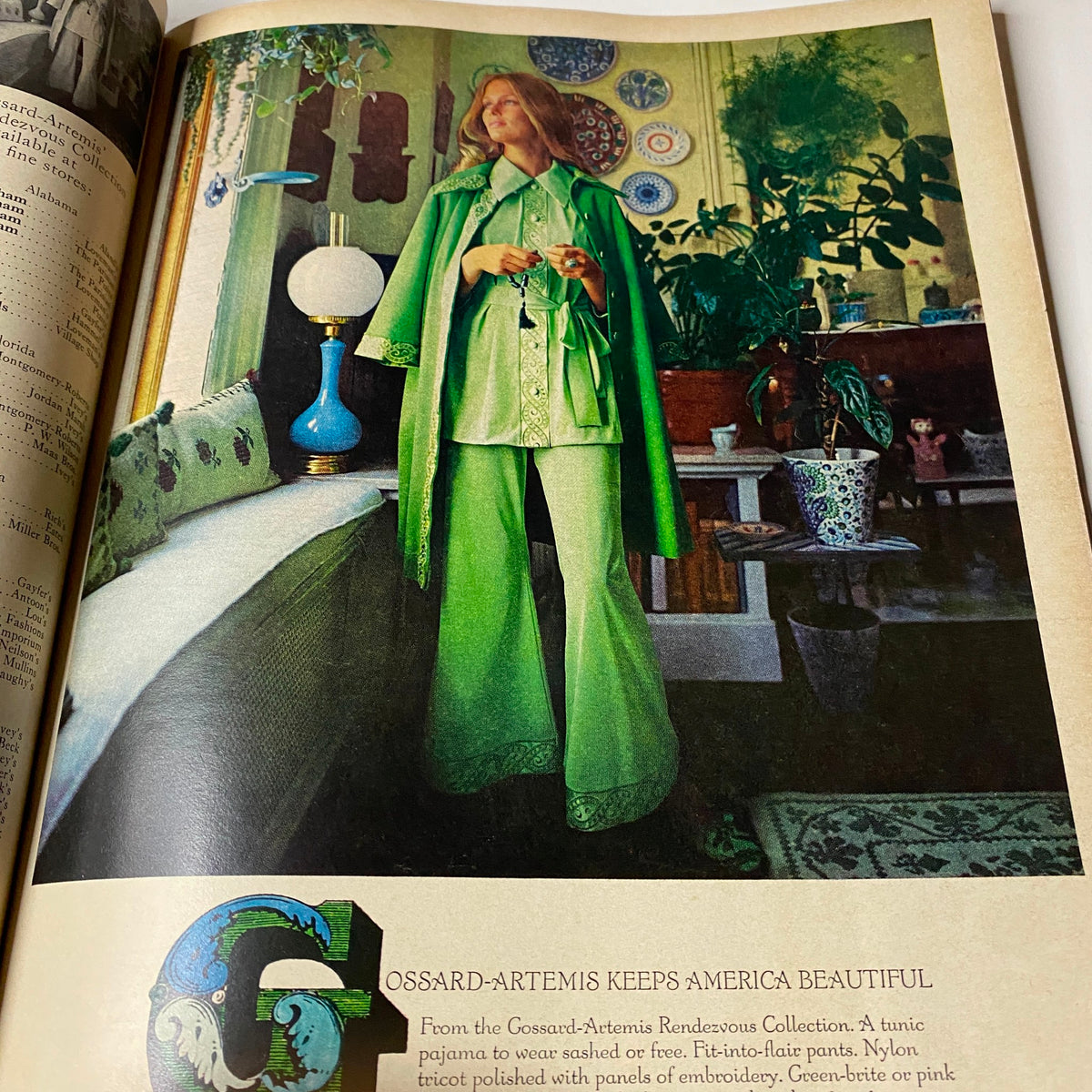 Vogue Magazine November 1, 1969 Susanne Schöneborn Cover by Irving Penn depicting a model in a green ensemble with intricate embroidery, highlighting 1960s design aesthetics.