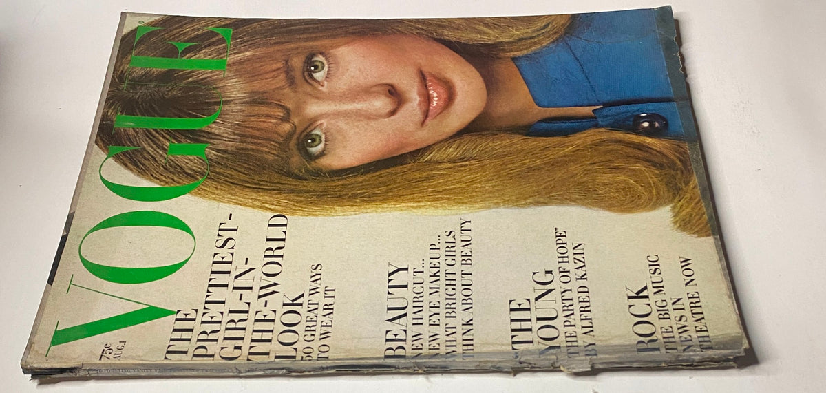 Vintage Vogue Magazine cover from August 1, 1968 showcasing Joanna Shimkus, emphasizing beauty and fashion trends of the era.