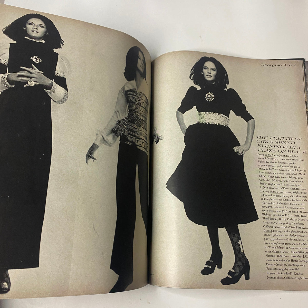 Georgina Ward modeling chic black outfits in Vogue Magazine August 1, 1968 Joanna Shimkus Cover by David Bailey.
