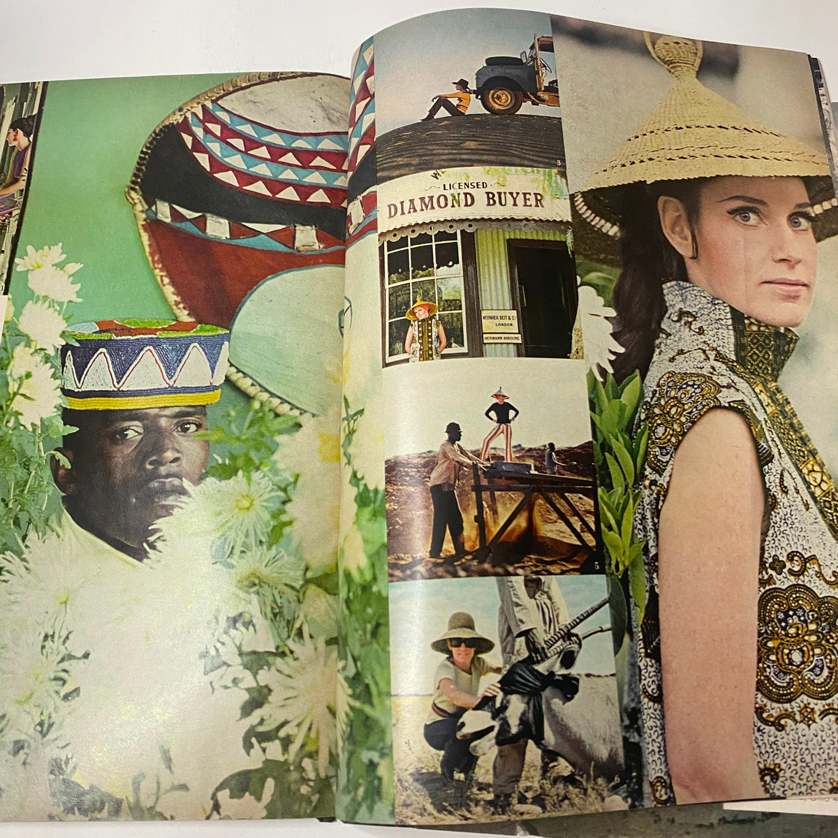 Collage of vibrant scenes featuring diverse people and cultural elements, from Vogue Magazine August 1, 1968 Joanna Shimkus Cover by David Bailey.