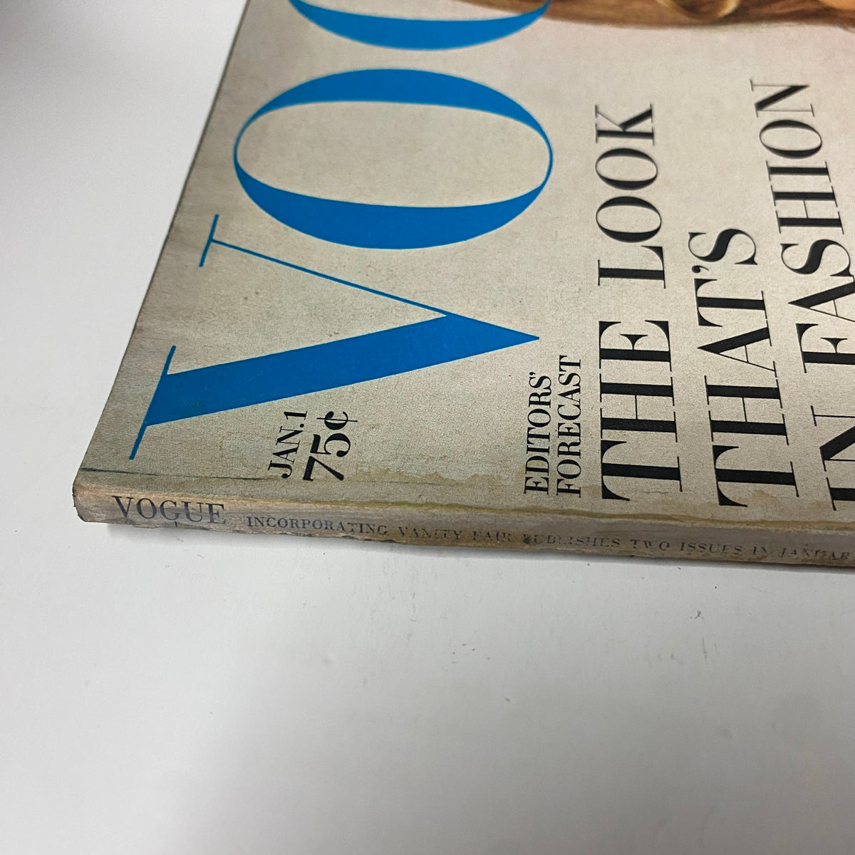 Side view of Vogue Magazine January 1, 1968, highlighting the title and spine condition with the notes 'Incorporating Many Bars'. A collectible magazine from a significant fashion era.