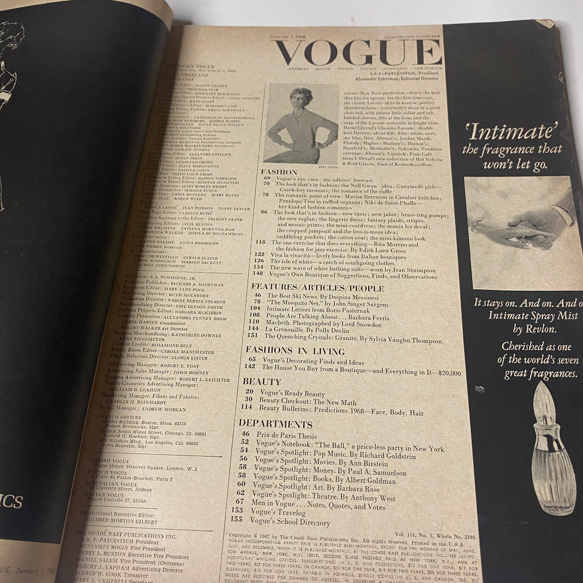 Interior page of the Vogue Magazine from January 1, 1968 displaying the table of contents. This page outlines notable features and articles in fashion, beauty, and living.