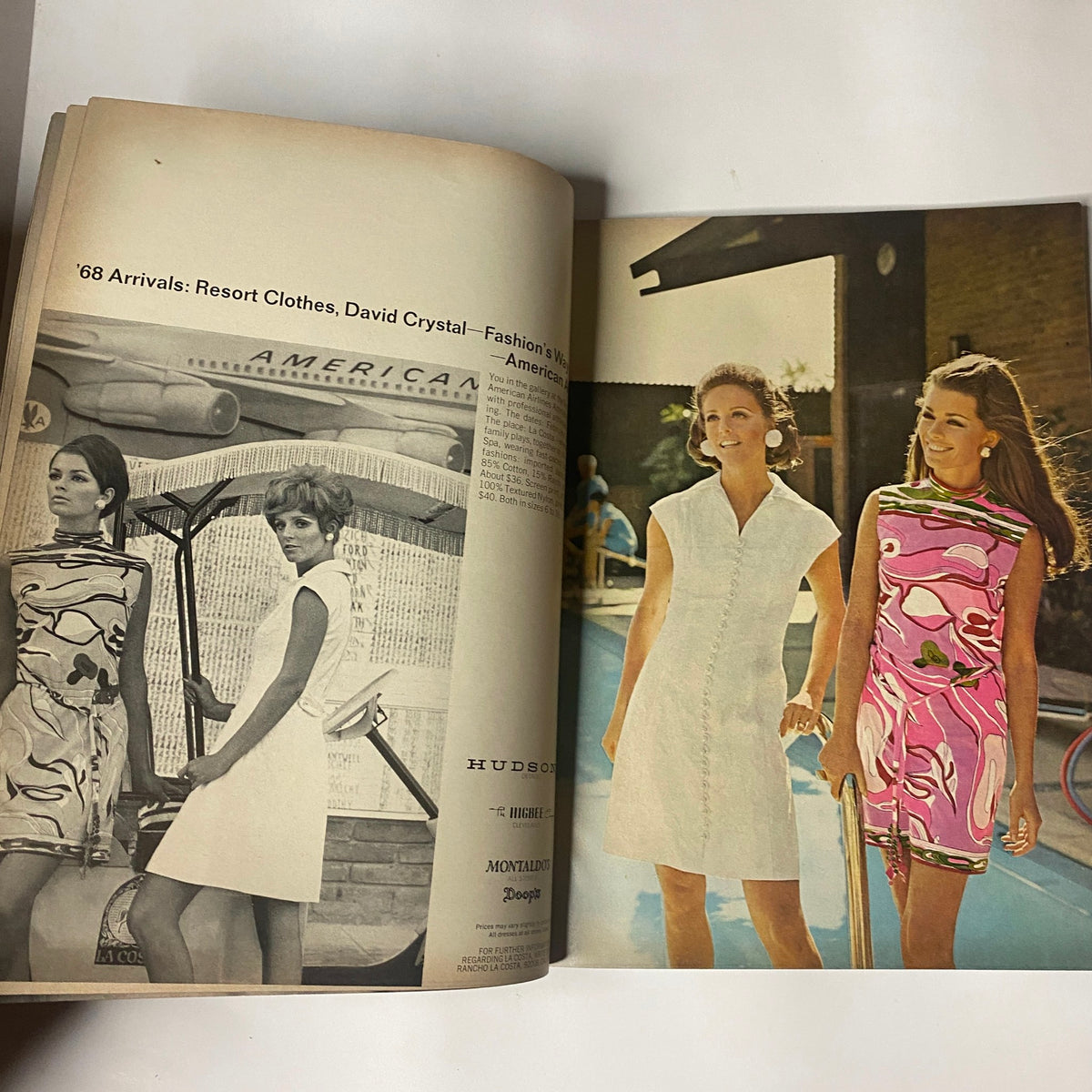 Models showcasing colorful resort outfits in a poolside environment, as presented in Vogue Magazine January 1, 1968, highlighting the vibrant fashion trends of the era.