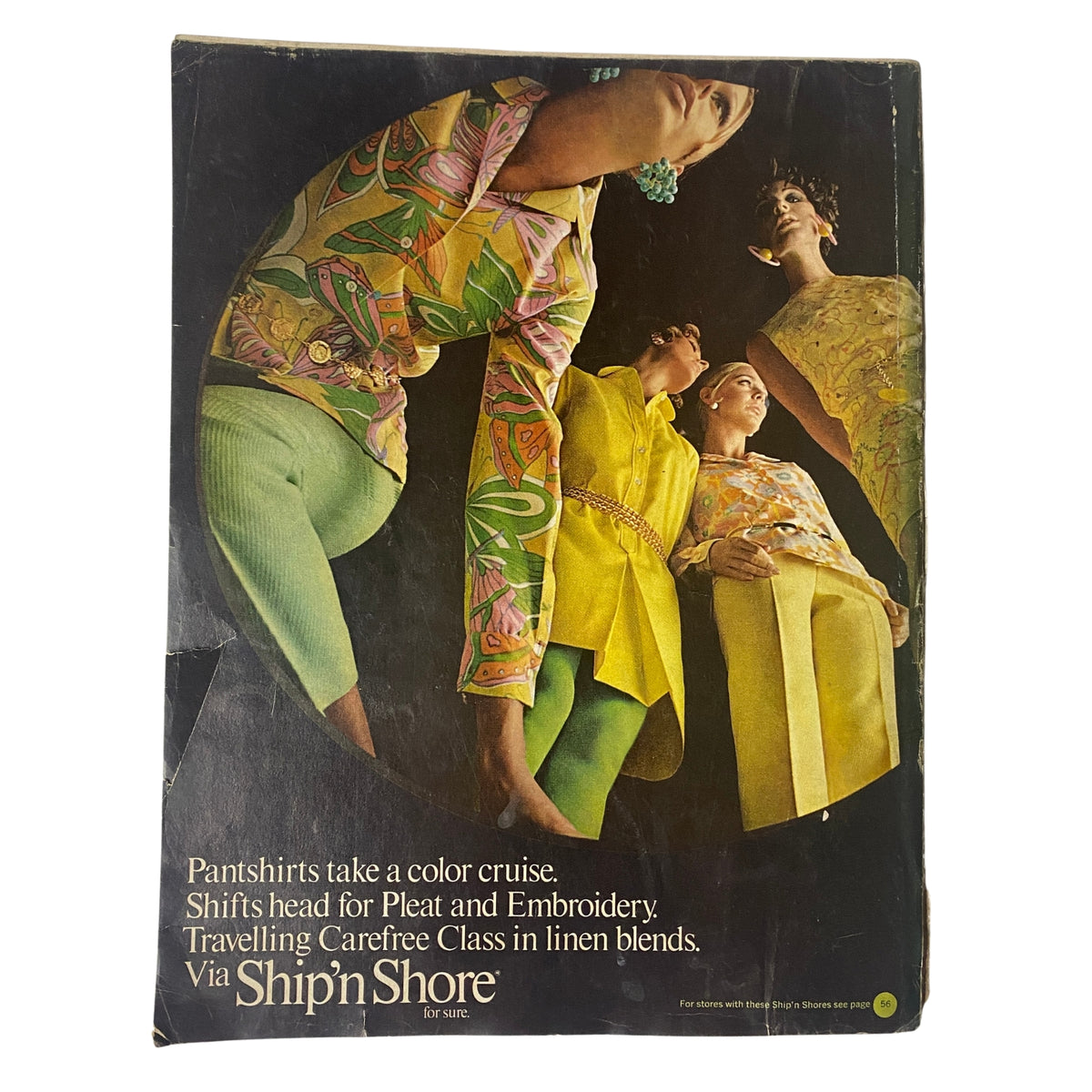 Vintage advertisement for Ship'n Shore featuring colorful fashion trousers and blouses, with a design that highlights the playful aesthetics of the 1960s, showcasing a vibrant style that embodies the era's fashion trends. This advertisement relates to the Vogue Magazine January 1, 1968, Sue Murray Cover by Bert Stern.