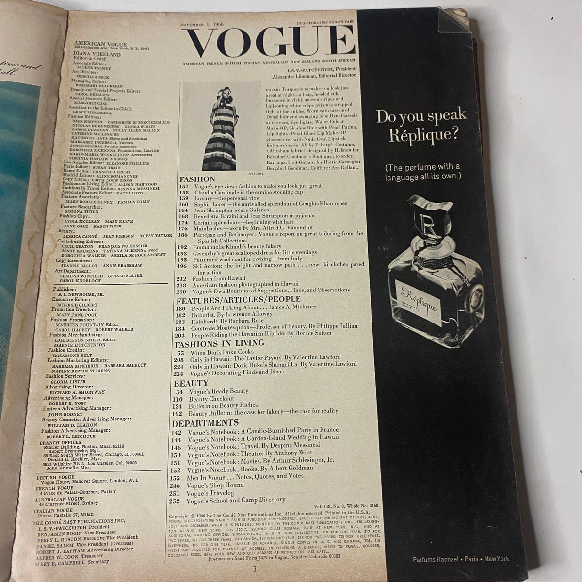 Interior page of Vogue Magazine November 1, 1966 featuring the table of contents, showcasing various fashion and lifestyle articles.