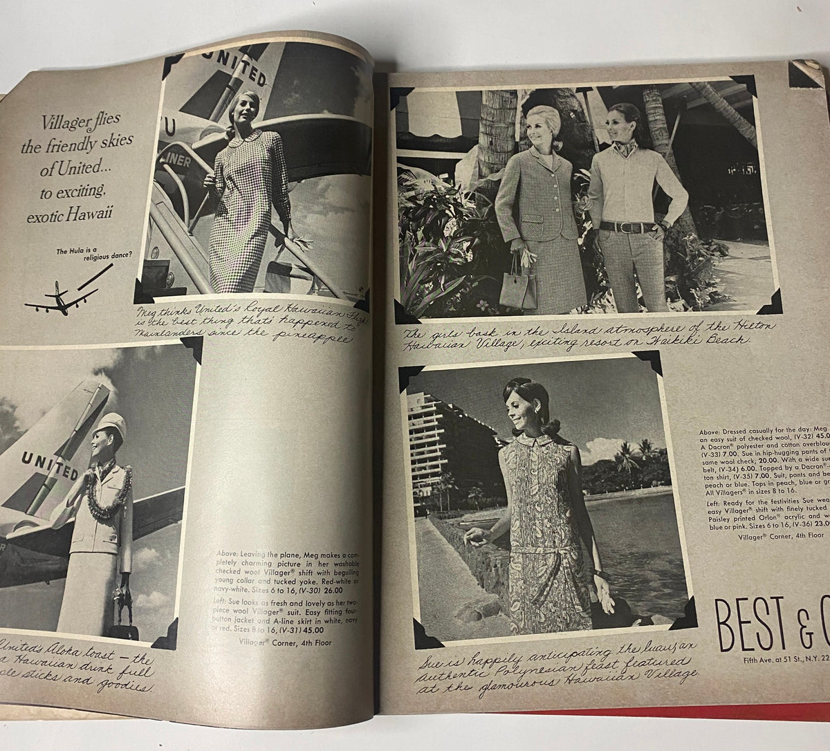 Vogue Magazine November 1, 1966 spread featuring models in stylish outfits near a United Airlines airplane, promoting travel to Hawaii.