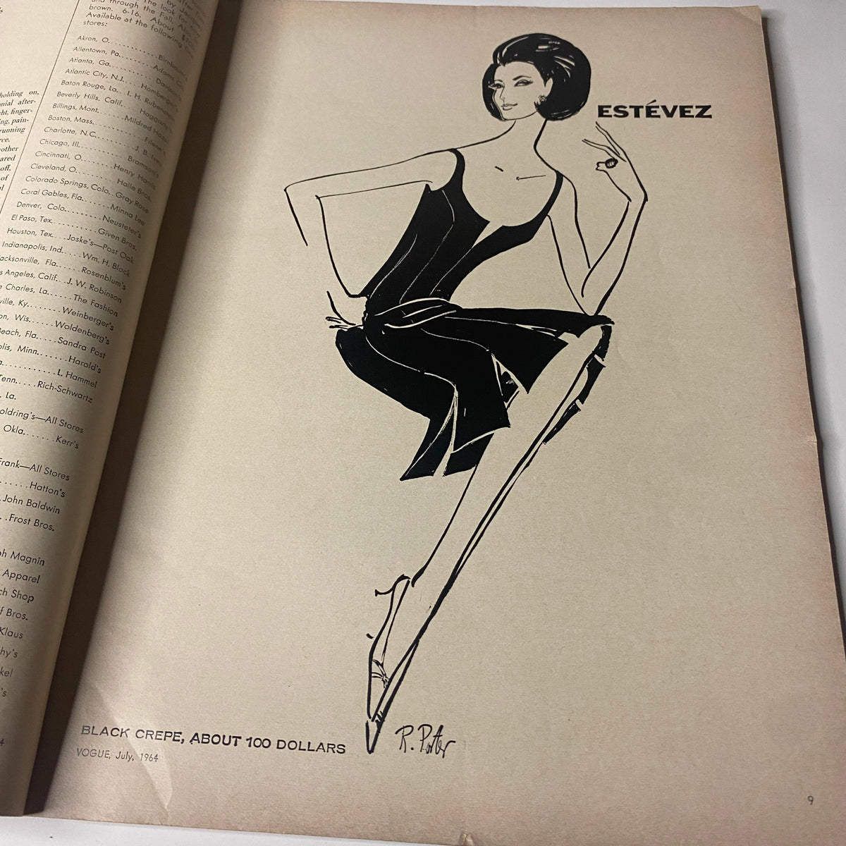 Fashion illustration featured in the July 1964 Vogue Magazine depicting a stylish ensemble labeled 'Estévez - Black Crepe, about 100 dollars', capturing mid-60s fashion aesthetics.