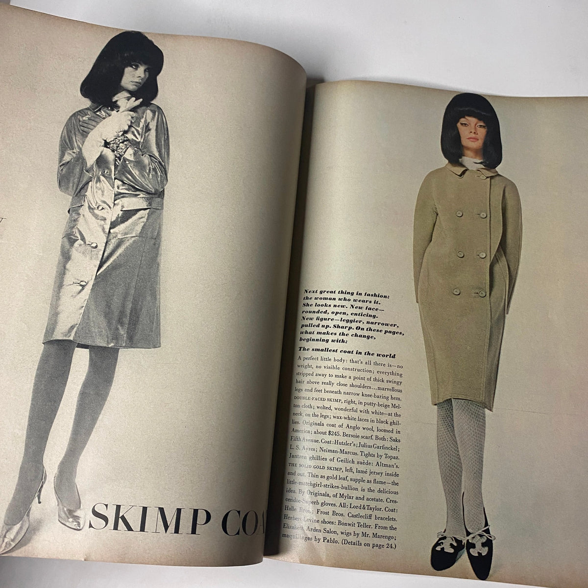 Page spread from the July 1964 Vogue Magazine showcasing two models in fashionable coats with an article discussing 'The New Skimp Coat' and the evolving styles of the time.