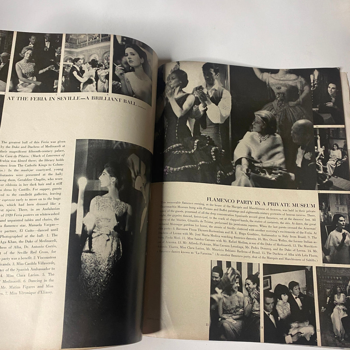 Illustrated report of a Flamenco party from the July 1964 Vogue Magazine, featuring vibrant images of celebrations and fashion at the Feria in Seville.