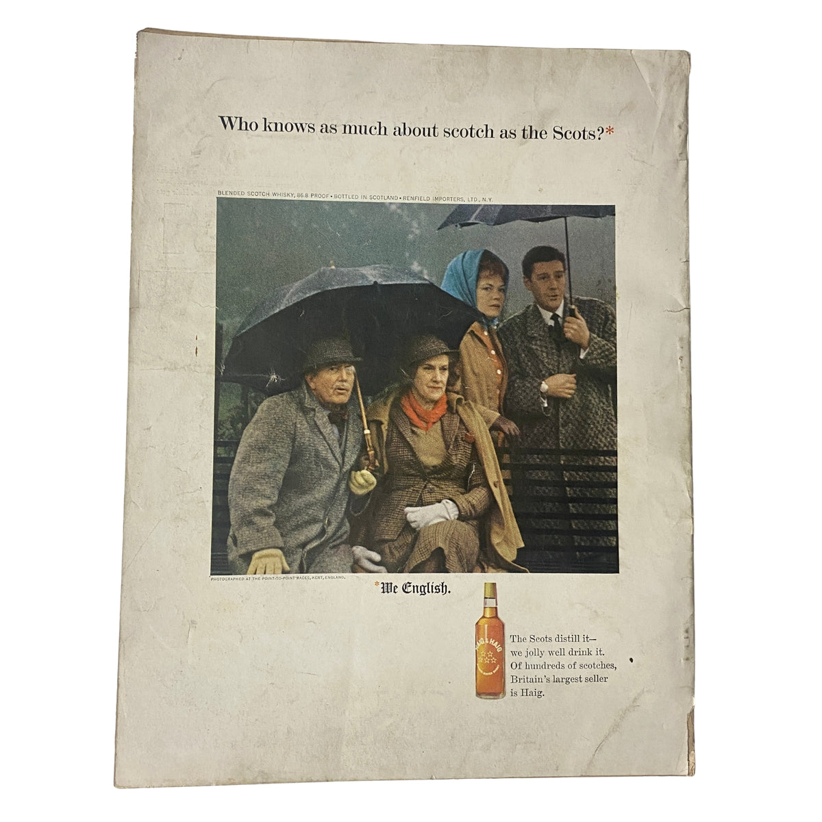 Full-page advertisement from Vogue Magazine July 1964 featuring a group of people under umbrellas with the tagline asking 'Who knows as much about scotch as the Scots?' This vintage piece reflects mid-century advertising aesthetics.