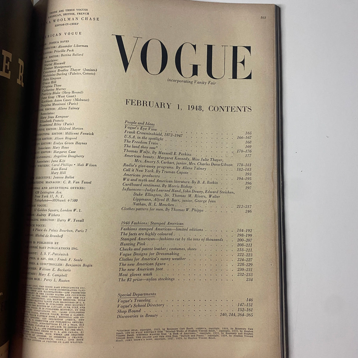 Table of contents page from Vogue Magazine February 1, 1948 Americana Number 1948, detailing featured articles and fashion topics.