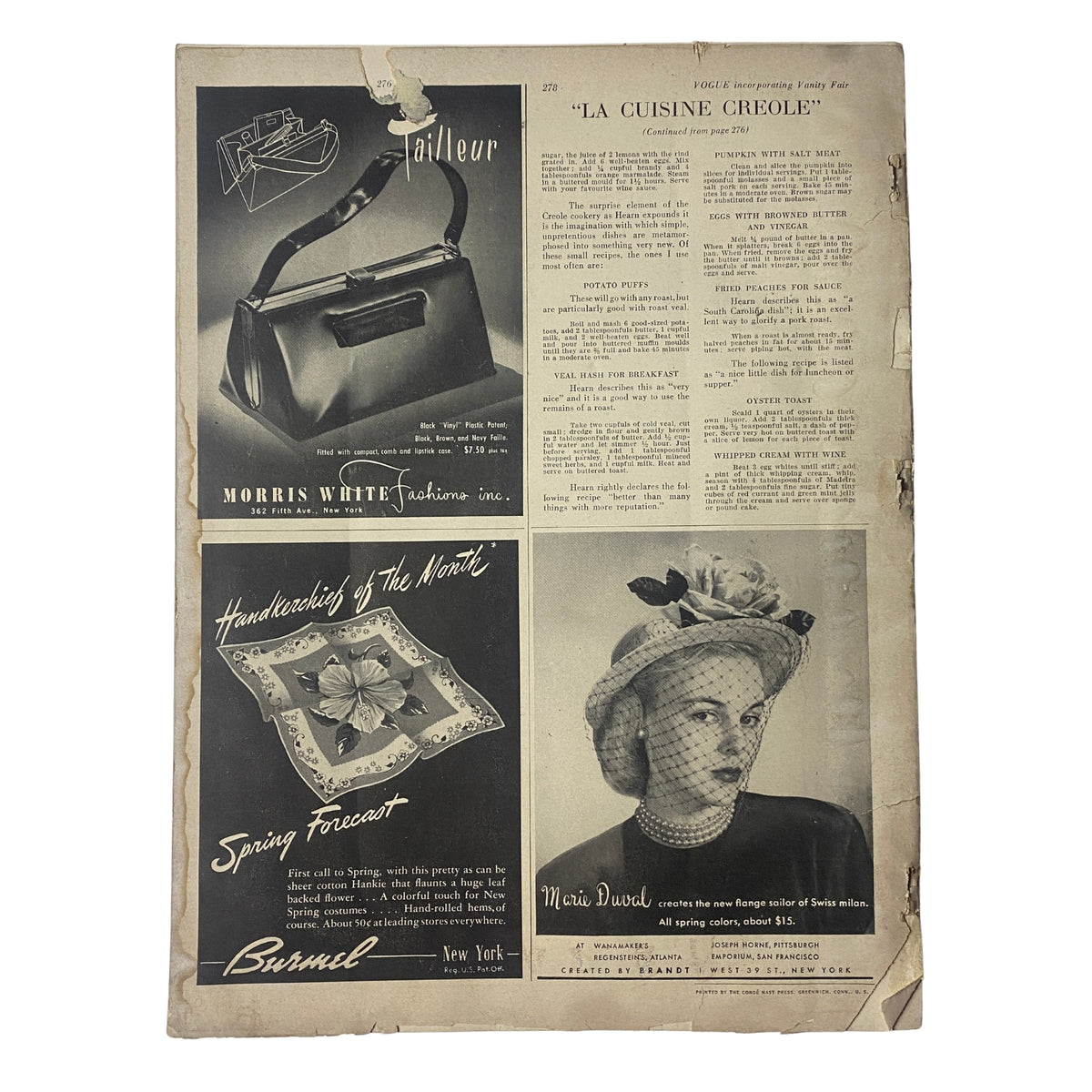 Vogue Magazine February 1, 1948 Americana Number 1948 GD Interior, displaying an advertisement for Morris White bags alongside content from 'LA CUISINE CREOLE', highlighting the blend of fashion and cuisine from the era.