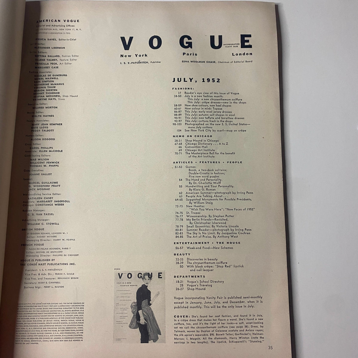 Table of contents page of Vogue Magazine July 1952, showcasing the magazine's features and articles including fashion insights. The magazine is identified as having a Ruth Neumann cover by Irving Penn.