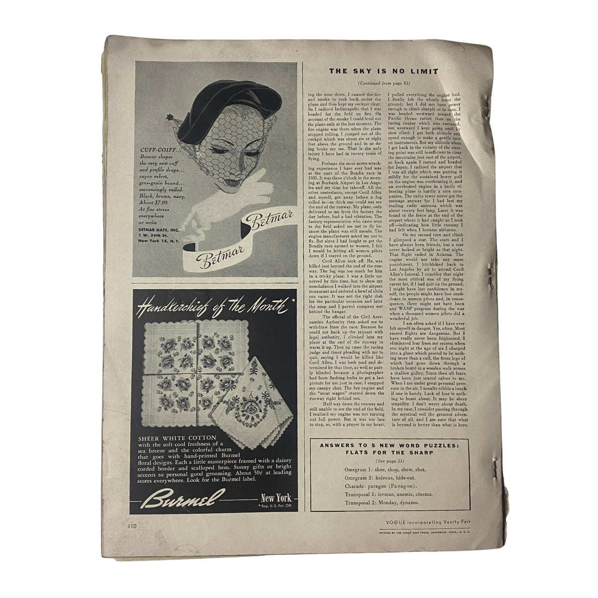 Vogue Magazine July 1952 Ruth Neumann Cover by Irving Penn showing the back cover and page 110 featuring a Burmel advertisement and vintage fashion content, illustrating mid-century magazine aesthetics.