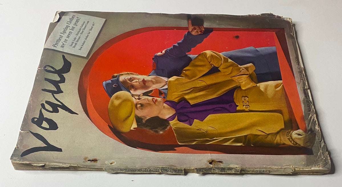 Vogue Magazine cover dated March 15, 1943, depicting a female model dressed in a yellow outfit with a purple blouse, interacted with a uniformed figure. The cover promotes 'Prettiest Spring Clothes We’ve Seen for Years,' capturing vintage fashion aesthetics.