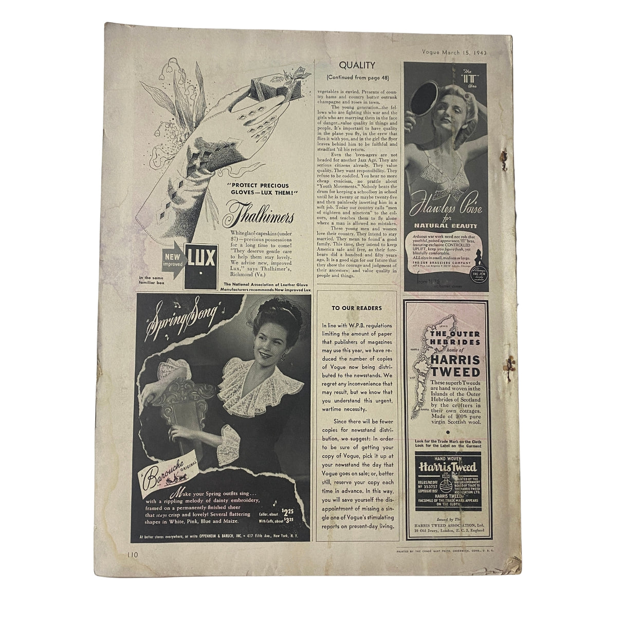 Back cover of Vogue Magazine March 15, 1943 presenting advertisements for Lux soap and Harris Tweed. The magazine page highlights the quality and style of 1940s fashion.