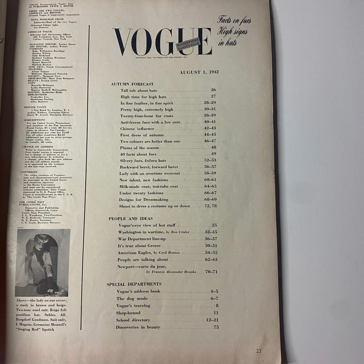 Table of contents page from Vogue Magazine August 1, 1942, detailing sections like 'Autumn Forecast', 'People and Ideas', and 'Special Departments'.