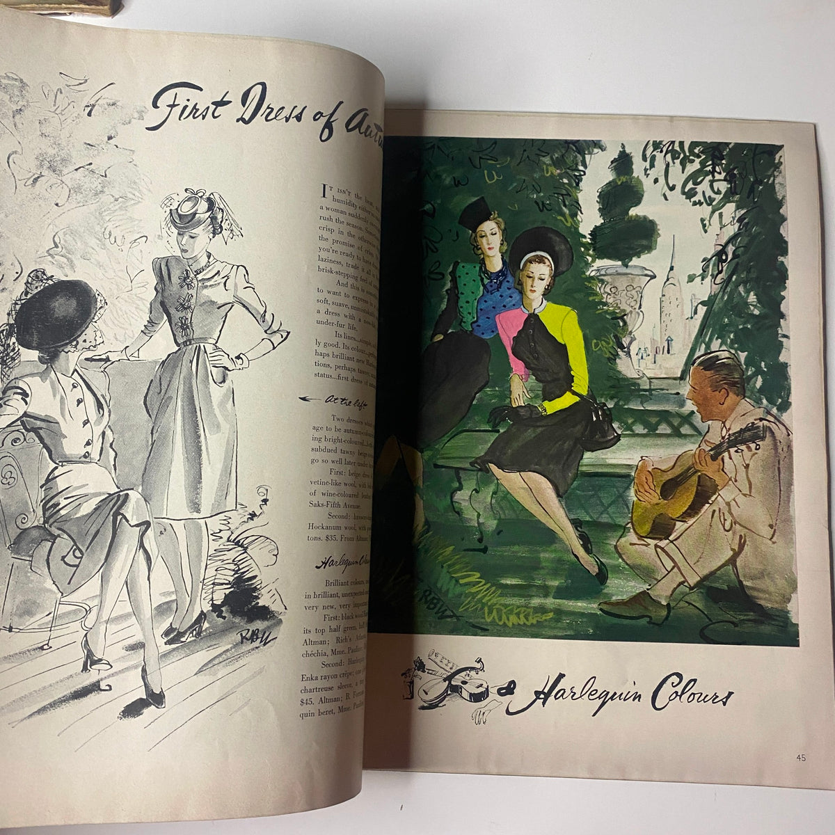Fashion illustration titled 'First Issues of Autumn' from Vogue Magazine August 1, 1942, depicting models in vibrant clothing while relaxing outdoors.