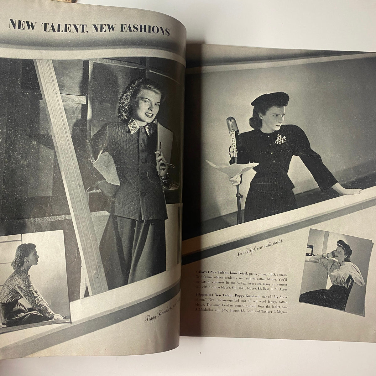 Page highlighting 'New Talent, New Fashions' in Vogue Magazine August 1, 1942, displaying models in chic outfits during a fashion presentation.