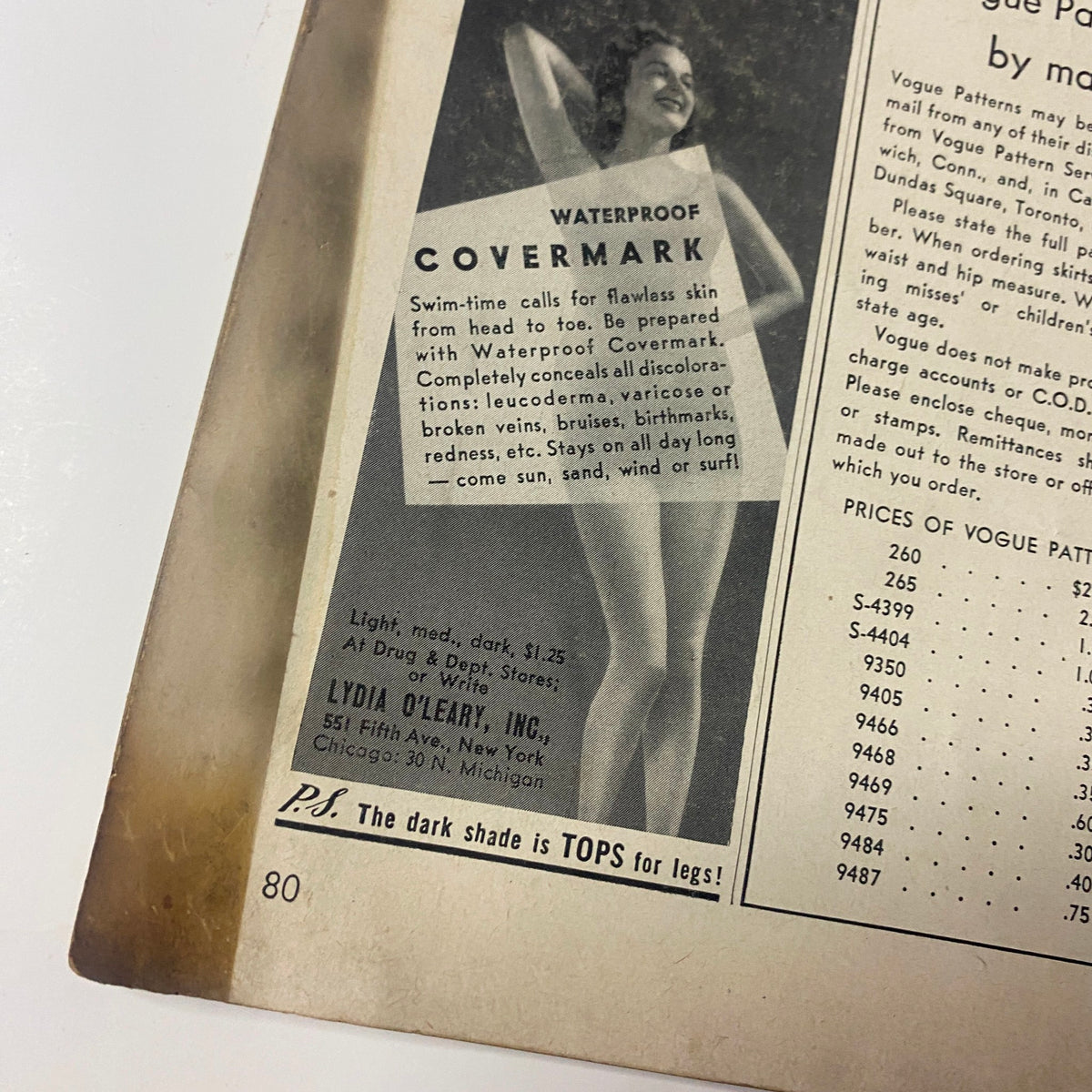 Interior page of Vogue Magazine August 1, 1942, featuring an advertisement for Waterproof Covermark, illustrating the magazine's vintage advertising style.