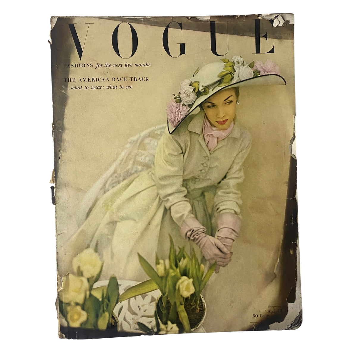 Vogue Magazine April 15, 1948 featuring Dorothy Griffith by John Rawlings, showcasing a fashion model in elegant attire surrounded by flowers, representing postwar fashion trends and high-society style.