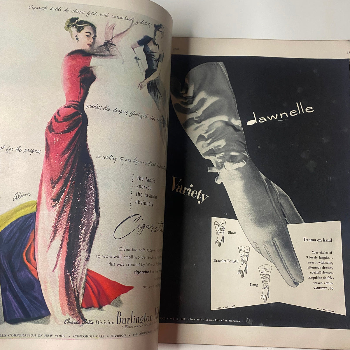 Vogue Magazine April 15, 1948 featuring a glamorous illustration of a model in a stunning red gown by Cigarette, promoting fashionable elegance and sophistication.