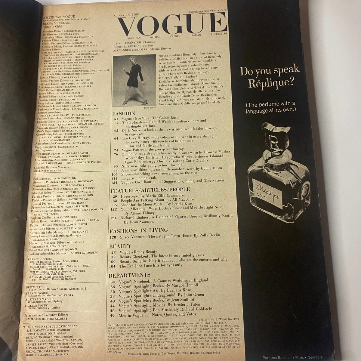 Table of contents from Vogue Magazine August 15, 1969, with section titles and a perfume advertisement, reflecting mid-century magazine design.
