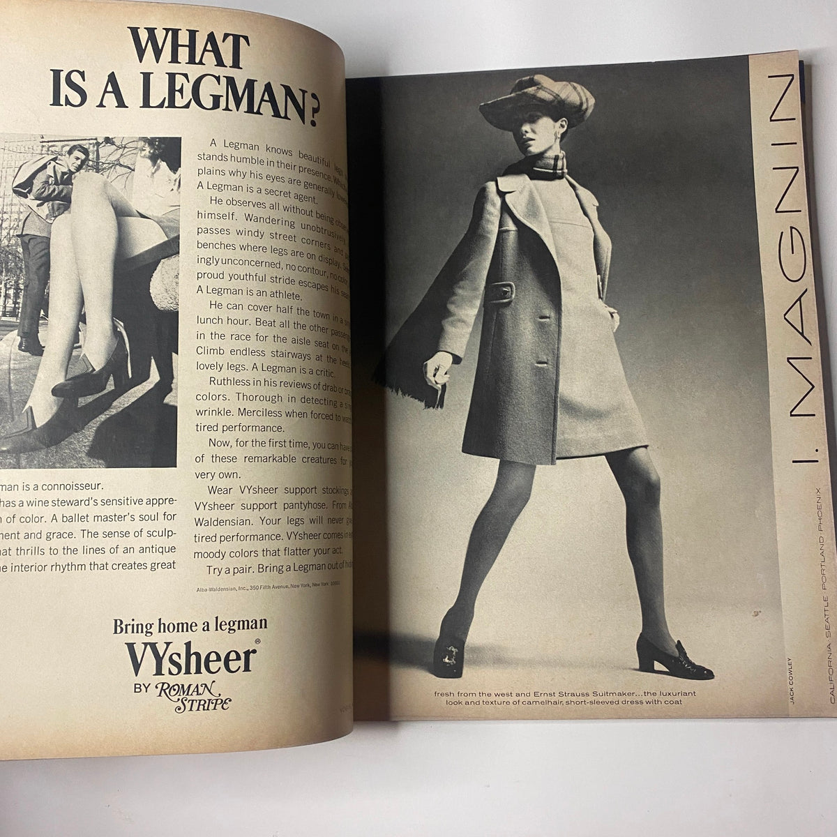 Fashion advertisement from Vogue Magazine August 15, 1969, featuring a model in a stylish ensemble, discussing the concept of a 'legman'.