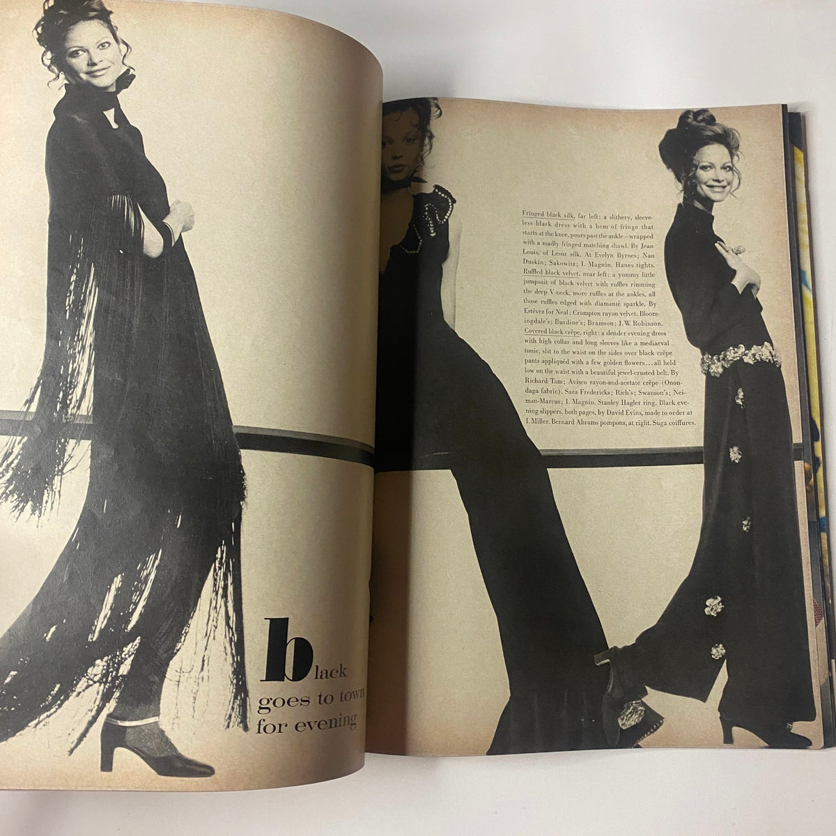 Fashion spread showcasing elegant evening wear featuring black attire, in Vogue Magazine August 15, 1969 with Goldie Hawn cover by Irving Penn.