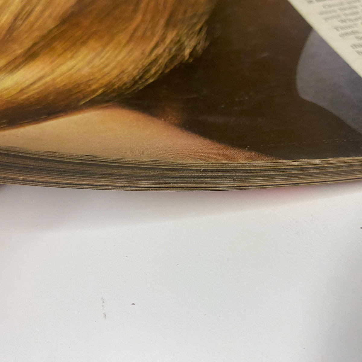 Close-up of the spine of Vogue Magazine August 15, 1969 with visible vintage wear, featuring Goldie Hawn cover by Irving Penn.