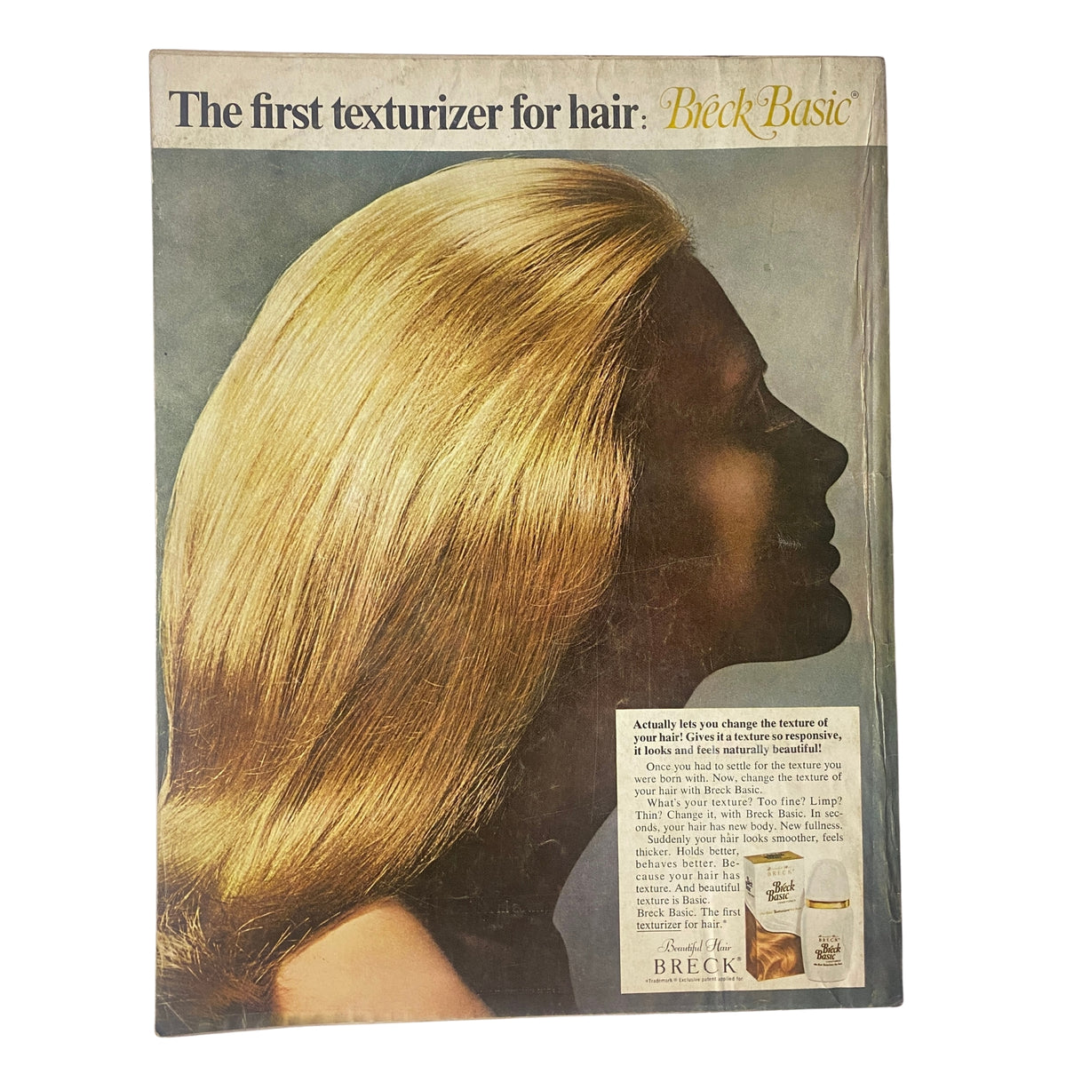 Vintage advertisement for Breck hair products, highlighting the first texturizer for hair, featured in Vogue Magazine August 15, 1969 with Goldie Hawn cover by Irving Penn.